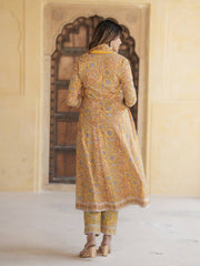 Jaitpuriya Women Mustard Yellow Anarkali Kurta Pant Dupatta Set