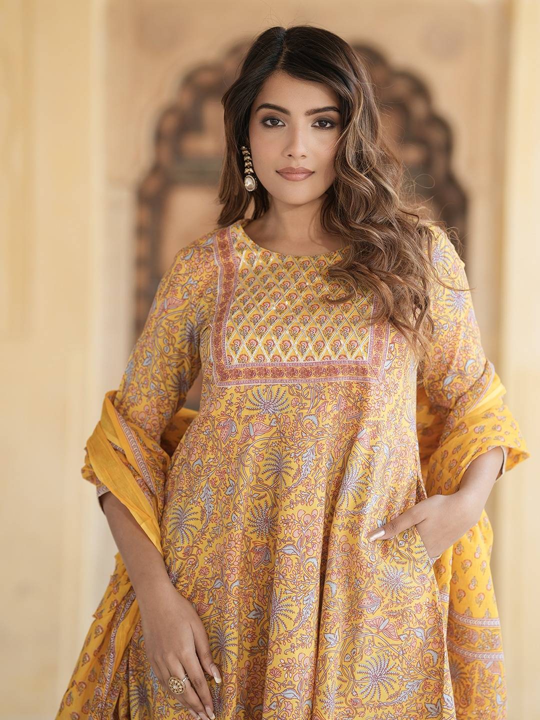 Jaitpuriya Women Mustard Yellow Anarkali Kurta Pant Dupatta Set