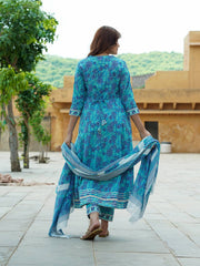 Floral Printed Angrakha Pure Cotton Anarkali Kurta With Trousers & Dupatta