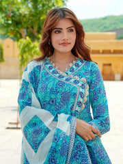 Floral Printed Angrakha Pure Cotton Anarkali Kurta With Trousers & Dupatta