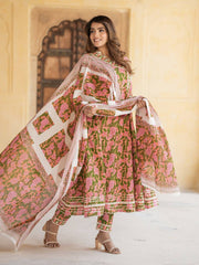 Jaitpuriya Women Mulit Angrakha Kurta Pant Dupatta Set