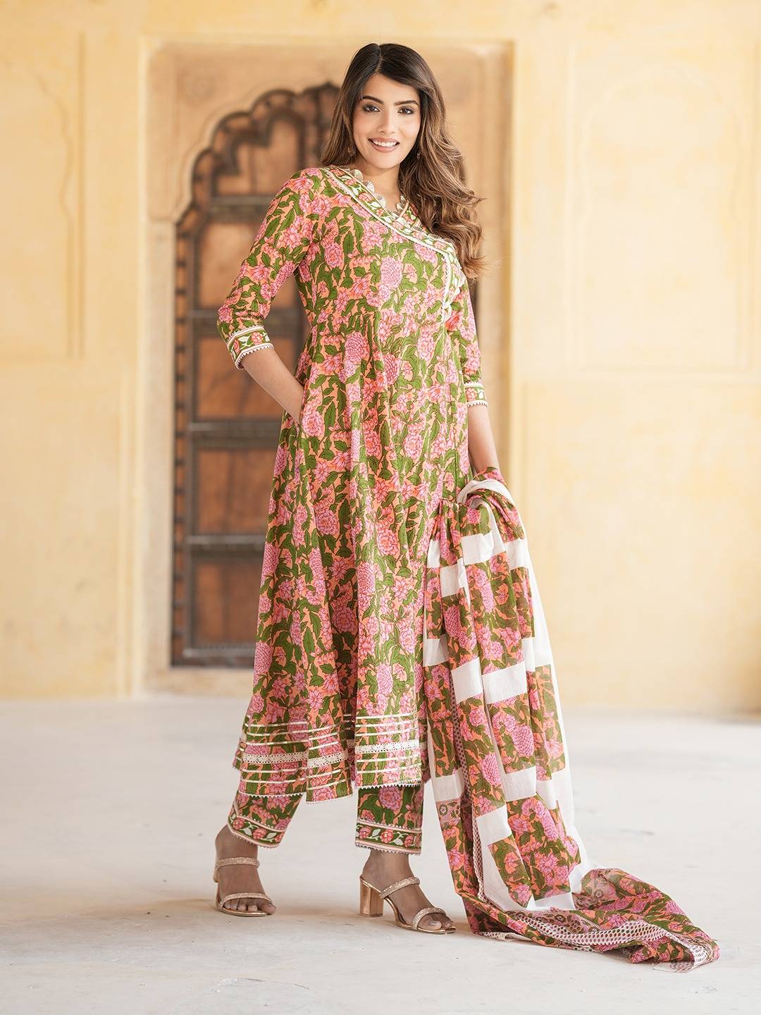 Jaitpuriya Women Mulit Angrakha Kurta Pant Dupatta Set