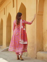Jaitpuriya Women Pink Angrakha Kurta Pant Dupatta Set