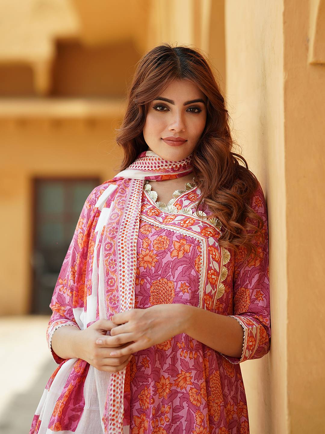 Jaitpuriya Women Pink Angrakha Kurta Pant Dupatta Set