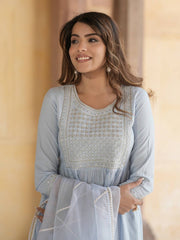 Jaitpuriya Women Sky Blue Anrakli Tiered Kurta Pant Dupatta Set