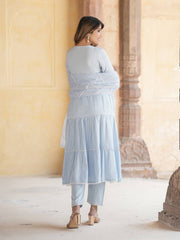 Jaitpuriya Women Sky Blue Anrakli Tiered Kurta Pant Dupatta Set