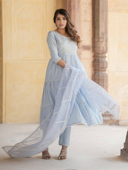 Jaitpuriya Women Sky Blue Anrakli Tiered Kurta Pant Dupatta Set