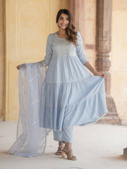 Jaitpuriya Women Sky Blue Anrakli Tiered Kurta Pant Dupatta Set