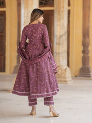 Jaitpuriya Women Mauve Anarkali Kurta Pant Dupatta Set