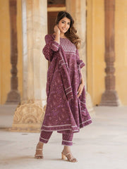 Jaitpuriya Women Mauve Anarkali Kurta Pant Dupatta Set