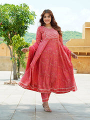 Jaitpuriya Women Pink Ethnic motifs Anarkali Kurta Pant Dupatta Set
