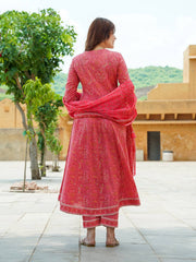 Jaitpuriya Women Pink Ethnic motifs Anarkali Kurta Pant Dupatta Set