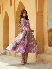 Jaitpuriya Women Mauve Floral Anarkali Kurta Pant Dupatta Set