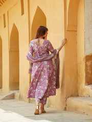 Jaitpuriya Women Mauve Floral Anarkali Kurta Pant Dupatta Set