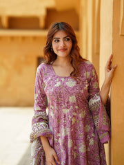 Jaitpuriya Women Mauve Floral Anarkali Kurta Pant Dupatta Set