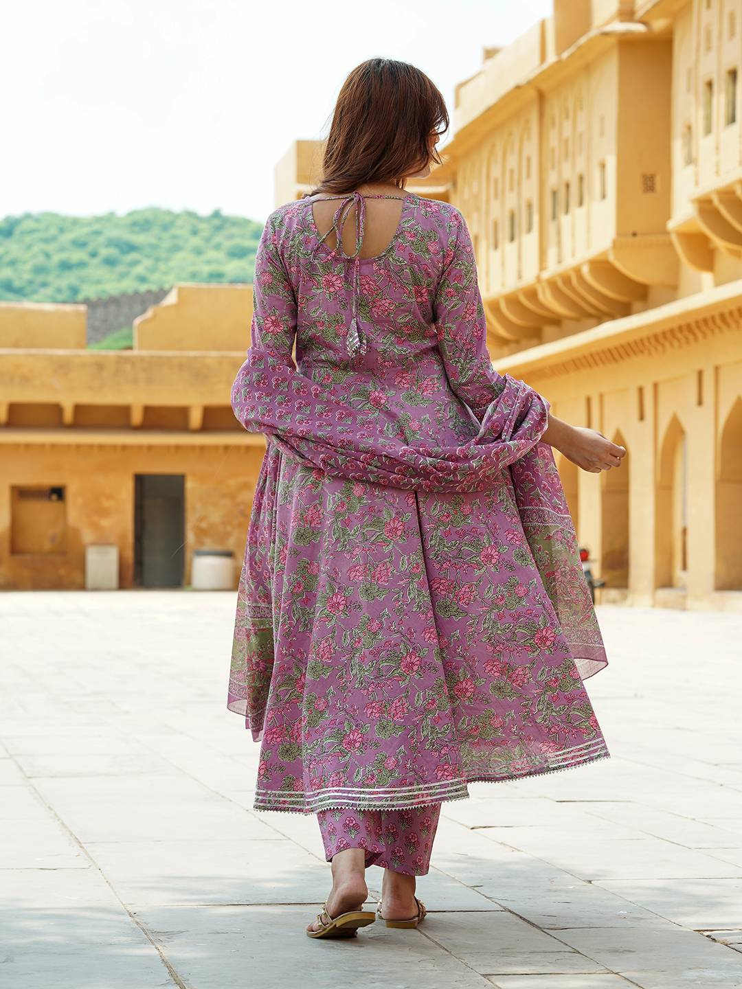 Jaitpuriya Women Mauve Gotta Patti Anarkali Kurta Pant Dupatta Set