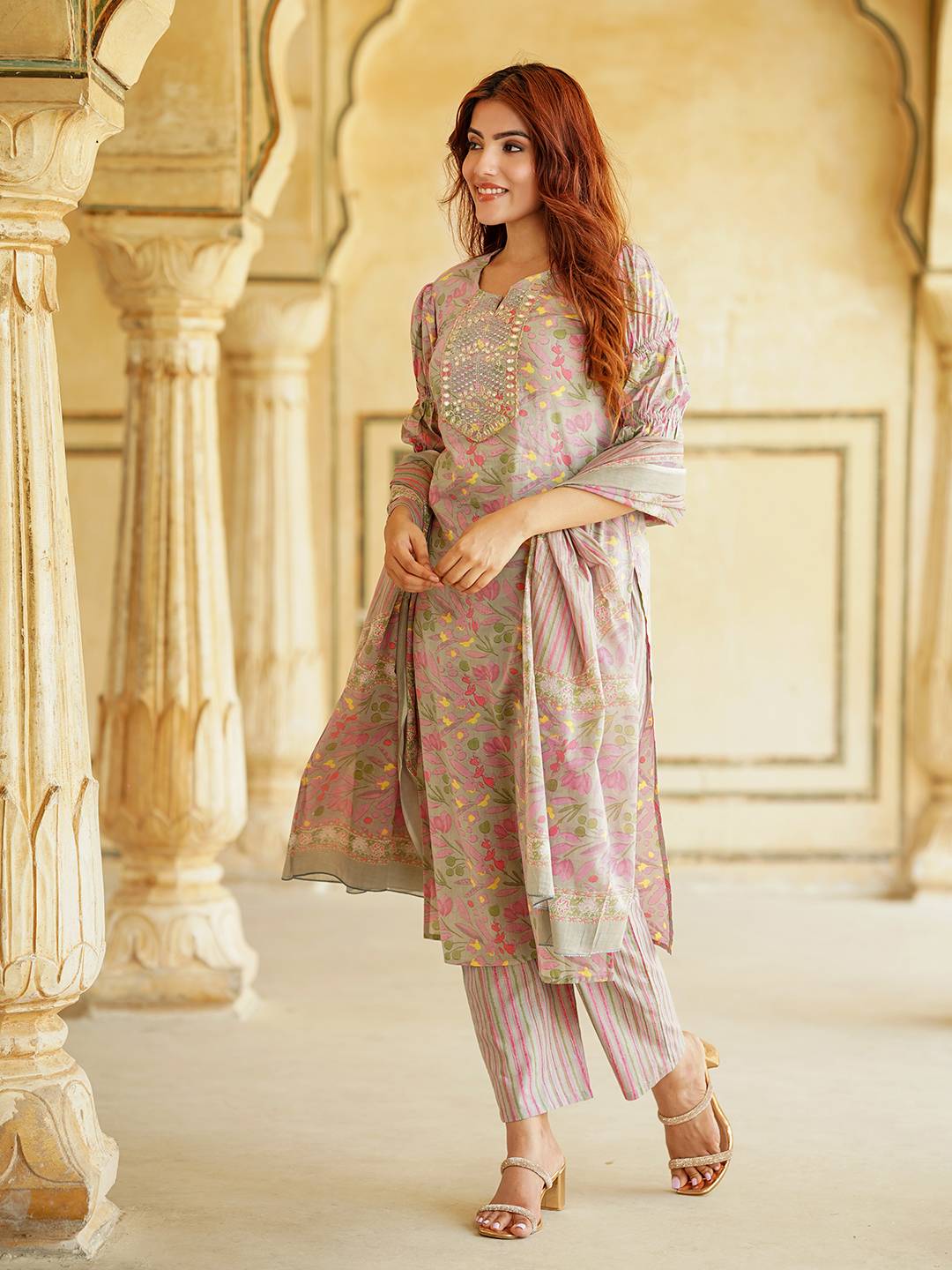 Jaitpuriya Floral Printed Mirror Work Pure Cotton Straight Kurta With Trousers & Dupatta
