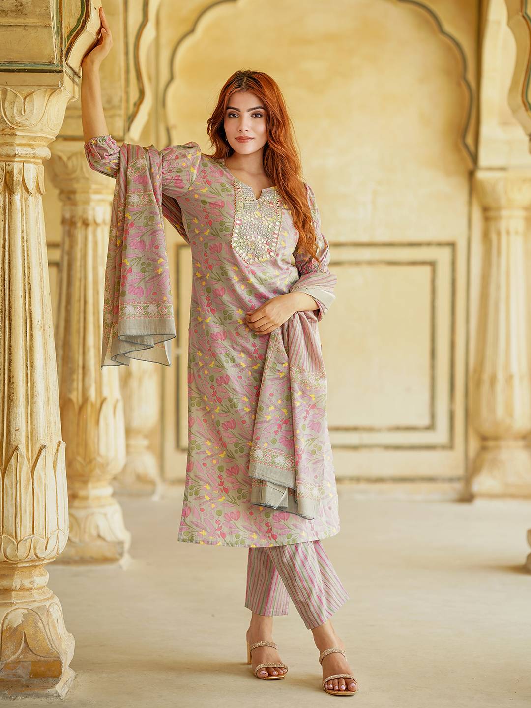 Jaitpuriya Floral Printed Mirror Work Pure Cotton Straight Kurta With Trousers & Dupatta