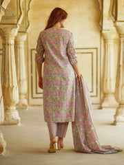 Jaitpuriya Floral Printed Mirror Work Pure Cotton Straight Kurta With Trousers & Dupatta