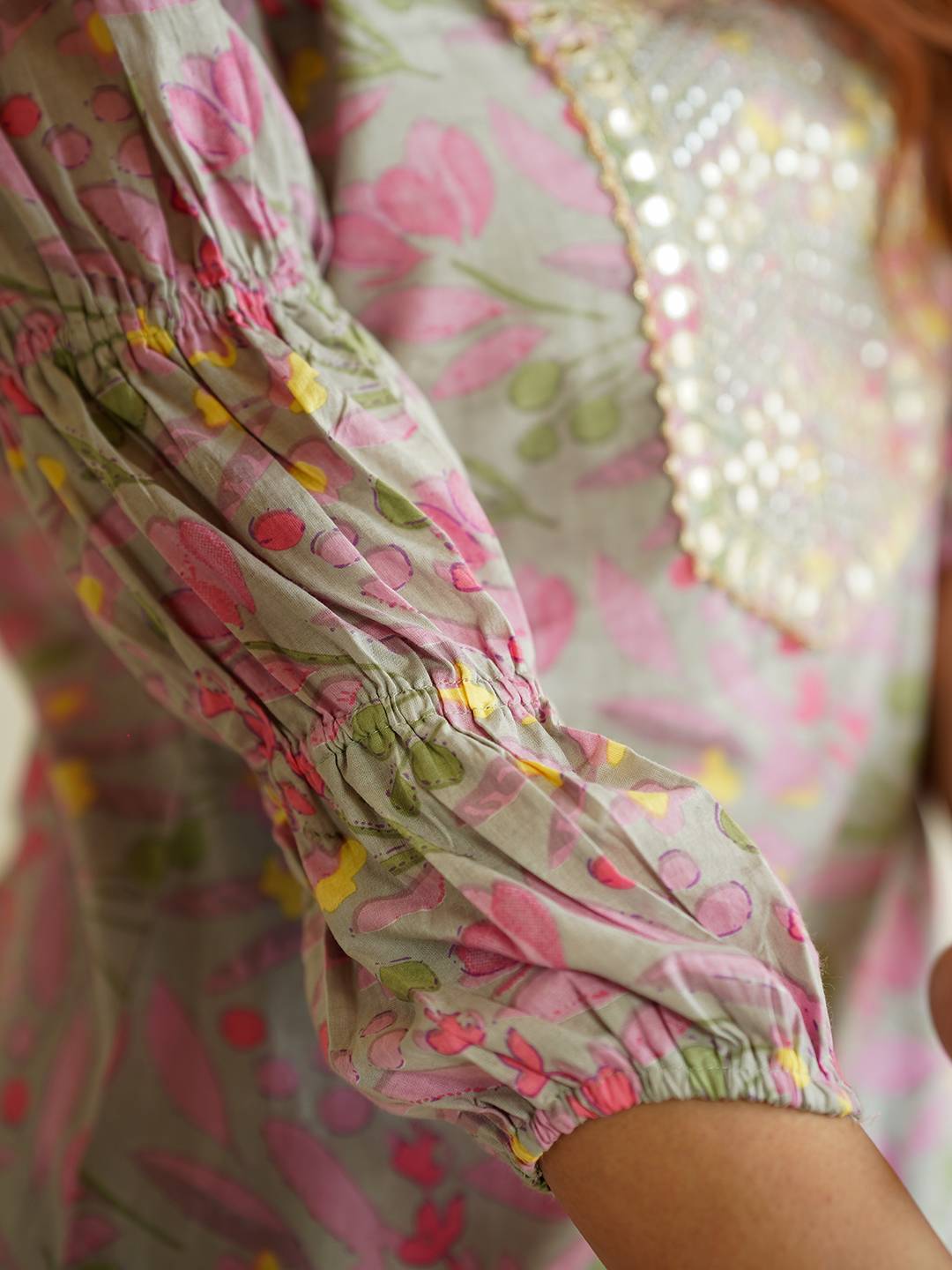 Jaitpuriya Floral Printed Mirror Work Pure Cotton Straight Kurta With Trousers & Dupatta