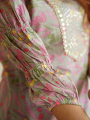 Jaitpuriya Floral Printed Mirror Work Pure Cotton Straight Kurta With Trousers & Dupatta