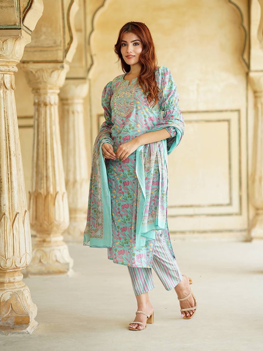 Jaitpuriya Blue Floral Print Mirror Work Pure Cotton Straight Kurta With Trousers & Dupatta