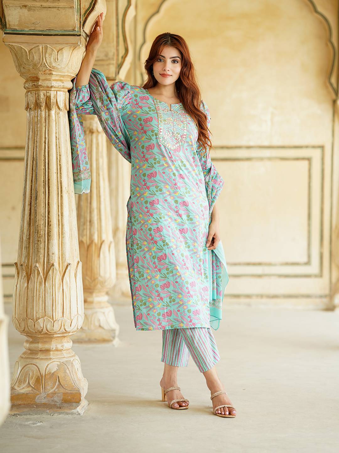 Jaitpuriya Blue Floral Print Mirror Work Pure Cotton Straight Kurta With Trousers & Dupatta