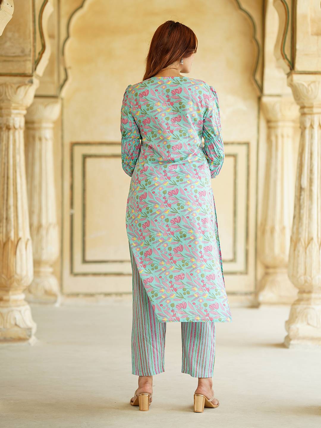 Jaitpuriya Blue Floral Print Mirror Work Pure Cotton Straight Kurta With Trousers & Dupatta