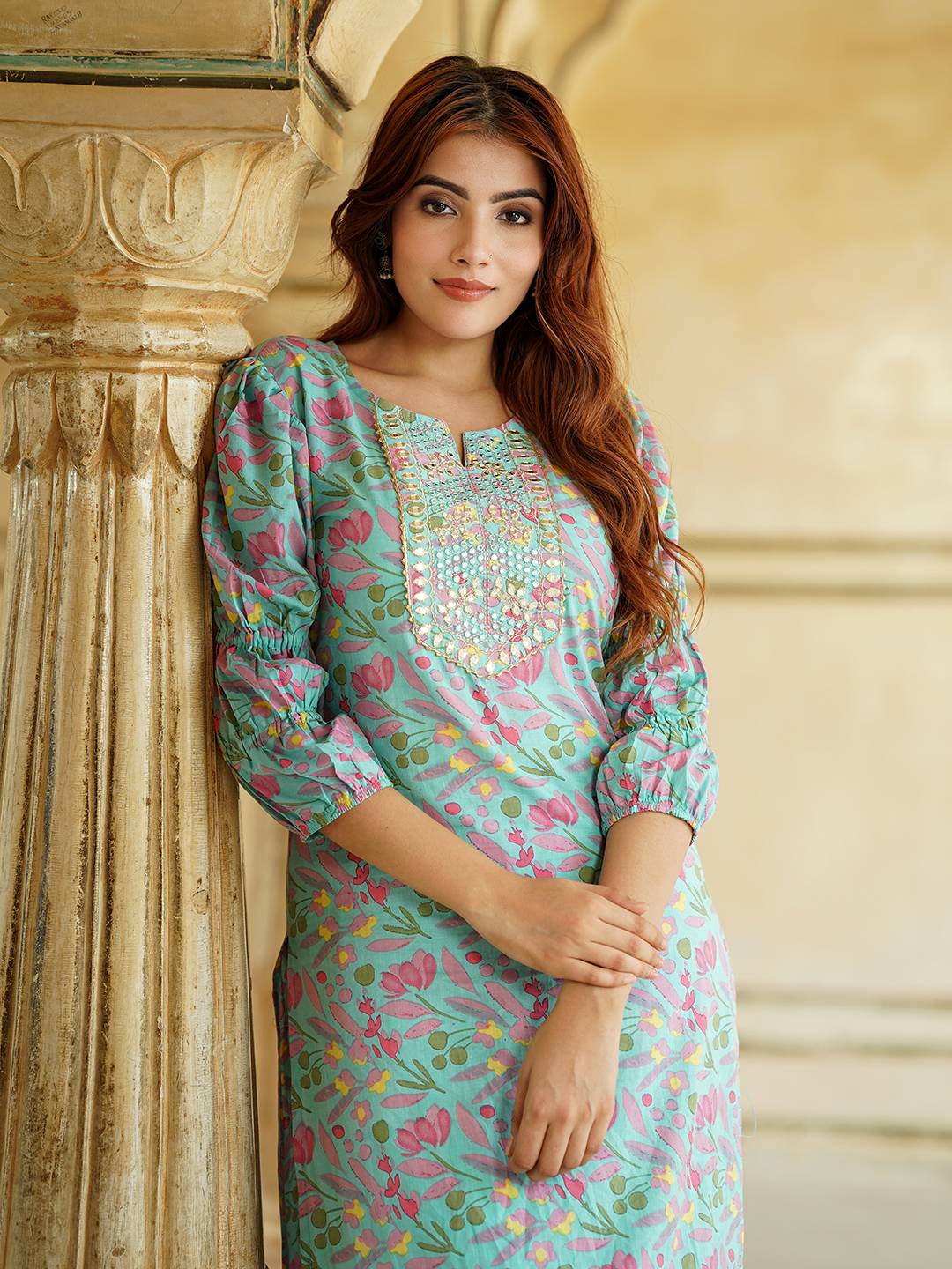 Jaitpuriya Blue Floral Print Mirror Work Pure Cotton Straight Kurta With Trousers & Dupatta