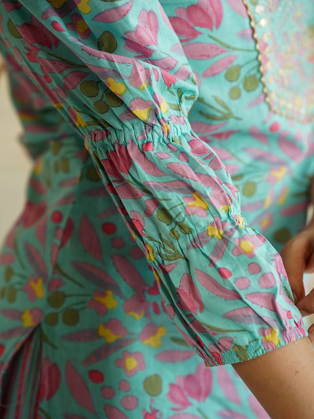 Jaitpuriya Blue Floral Print Mirror Work Pure Cotton Straight Kurta With Trousers & Dupatta