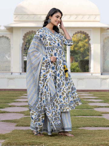 Jaitpuriya Women Blue And Off White A-Line Kurta Bottom And Dupatta