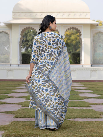 Jaitpuriya Women Blue And Off White A-Line Kurta Bottom And Dupatta