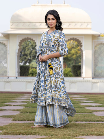 Jaitpuriya Women Blue And Off White A-Line Kurta Bottom And Dupatta