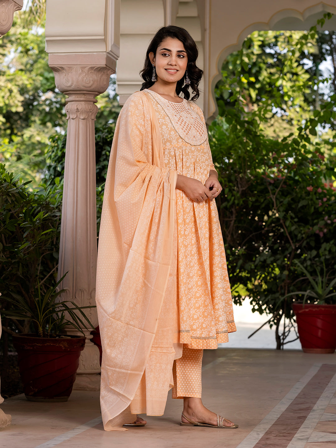 Jaitpuriya Women Peach Embroidered Anarkali Kurta Bottom And Dupatta