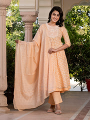 Jaitpuriya Women Peach Embroidered Anarkali Kurta Bottom And Dupatta