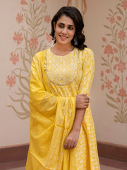 Jaitpuriya Women Yellow Embroidered Anarkali Kurta Bottom And Dupatta