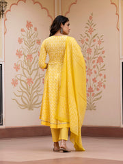 Jaitpuriya Women Yellow Embroidered Anarkali Kurta Bottom And Dupatta
