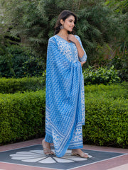 Jaitpuriya Women Blue Embroidered Straight Kurta Bottom And Dupatta