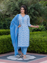Jaitpuriya Women Blue Embroidered Straight Kurta Bottom And Dupatta