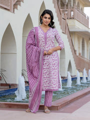 Jaitpuriya Women Mauve Embroidered Straight Kurta Bottom And Dupatta