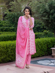 Jaitpuriya Women Pink Embroidered Straight Kurta Bottom And Dupatta