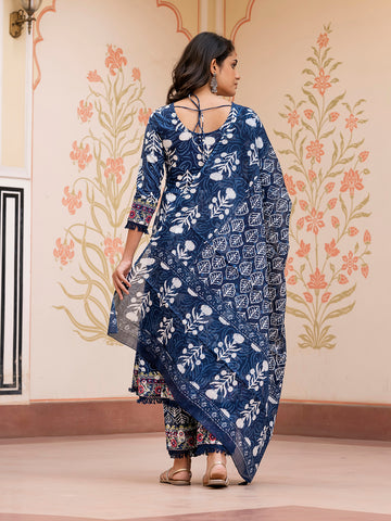 Jaitpuriya Women Blue Mirror Work Chikankari Anarkali Kurta Bottom And Dupatta