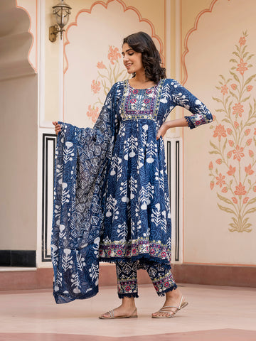 Jaitpuriya Women Blue Mirror Work Chikankari Anarkali Kurta Bottom And Dupatta