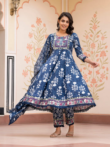 Jaitpuriya Women Blue Mirror Work Chikankari Anarkali Kurta Bottom And Dupatta