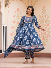 Jaitpuriya Women Blue Mirror Work Chikankari Anarkali Kurta Bottom And Dupatta