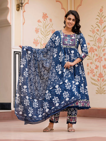 Jaitpuriya Women Blue Mirror Work Chikankari Anarkali Kurta Bottom And Dupatta