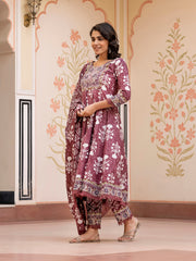 Jaitpuriya Women Brown Mirror Work Chikankari Anarkali Kurta Bottom And Dupatta