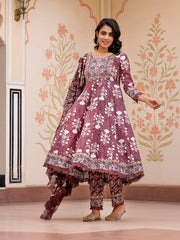 Jaitpuriya Women Brown Mirror Work Chikankari Anarkali Kurta Bottom And Dupatta