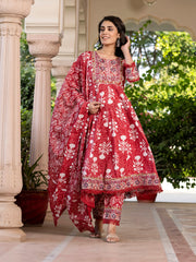 Jaitpuriya Women Maroon Mirror Work Chikankari Anarkali Kurta Bottom And Dupatta