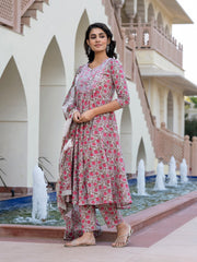 Jaitpuriya Women Grey Chikankari Anarkali Kurta Bottom And Dupatta